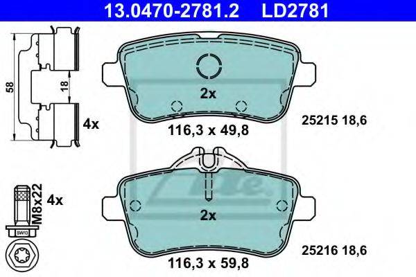 Комплект тормозных колодок, дисковый тормоз ATE 13.0470-2781.2