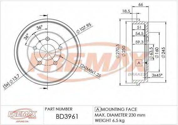 FREMAX BD3961 Тормозной барабан