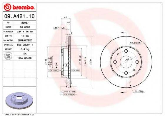 Тормозной диск BREMBO 09.A421.10